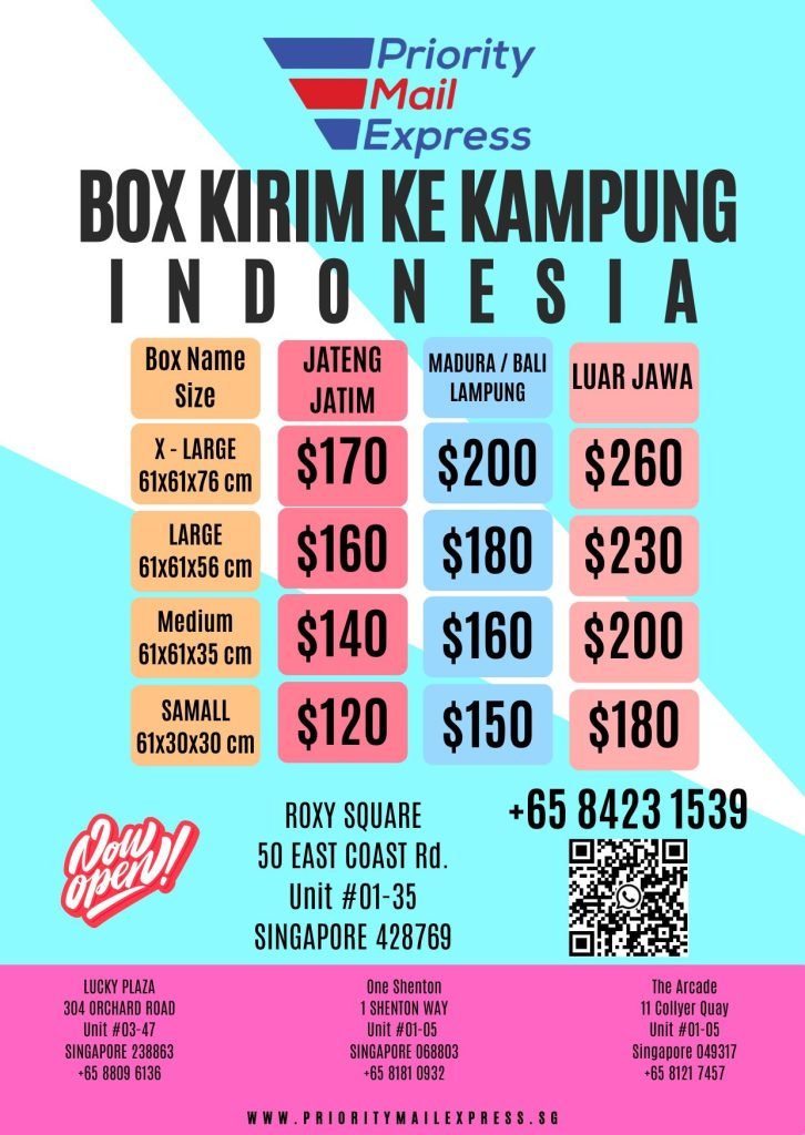 Priority Mail Express price list for shipping boxes to Indonesia, in sizes from X-Large to Small, with prices in Indonesian Rupiah. Contact info and addresses in Singapore are included.